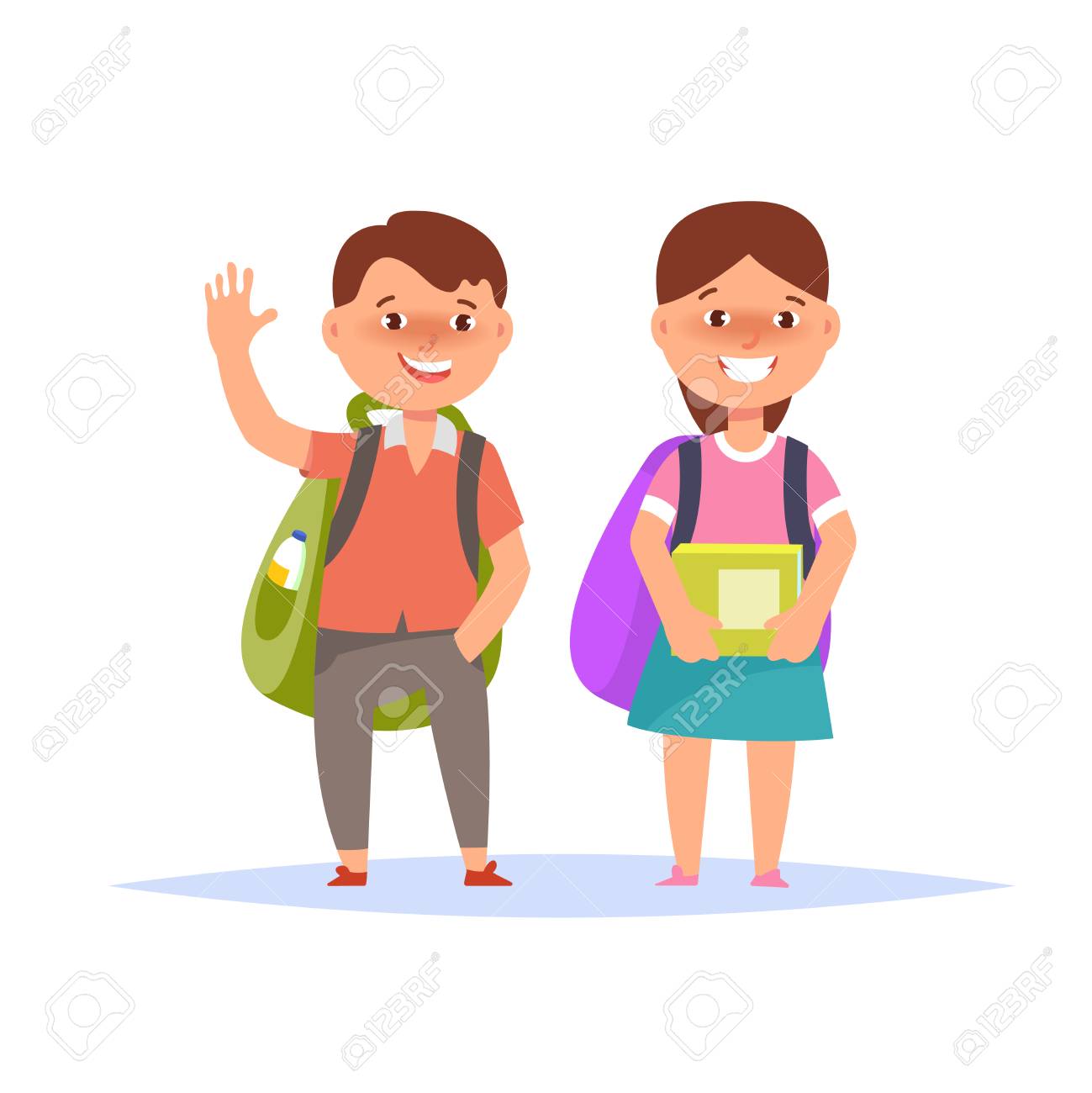 幸せなカップルの男子生徒と女子生徒小学校に立って本と分離されたバックパックのベクトル イラスト 学校コンセプトに戻るのイラスト素材 ベクタ Image 幸せなカップルの男子生徒と女子生徒小学校に立って本と分離されたバックパックのベクトル イラスト 学校コンセプトに戻るのイラスト素材 ベクタ Image