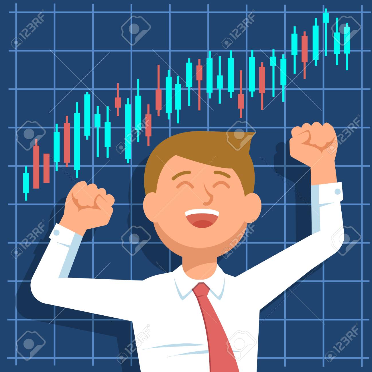 Successful Businessman Young Trader With Hands Raised On Background Of Blue Computer Screen With Stock Market Graph Diagram Information Vector Illustration Of Happy Trader Success Royalty Free Cliparts Vectors And Stock Illustration