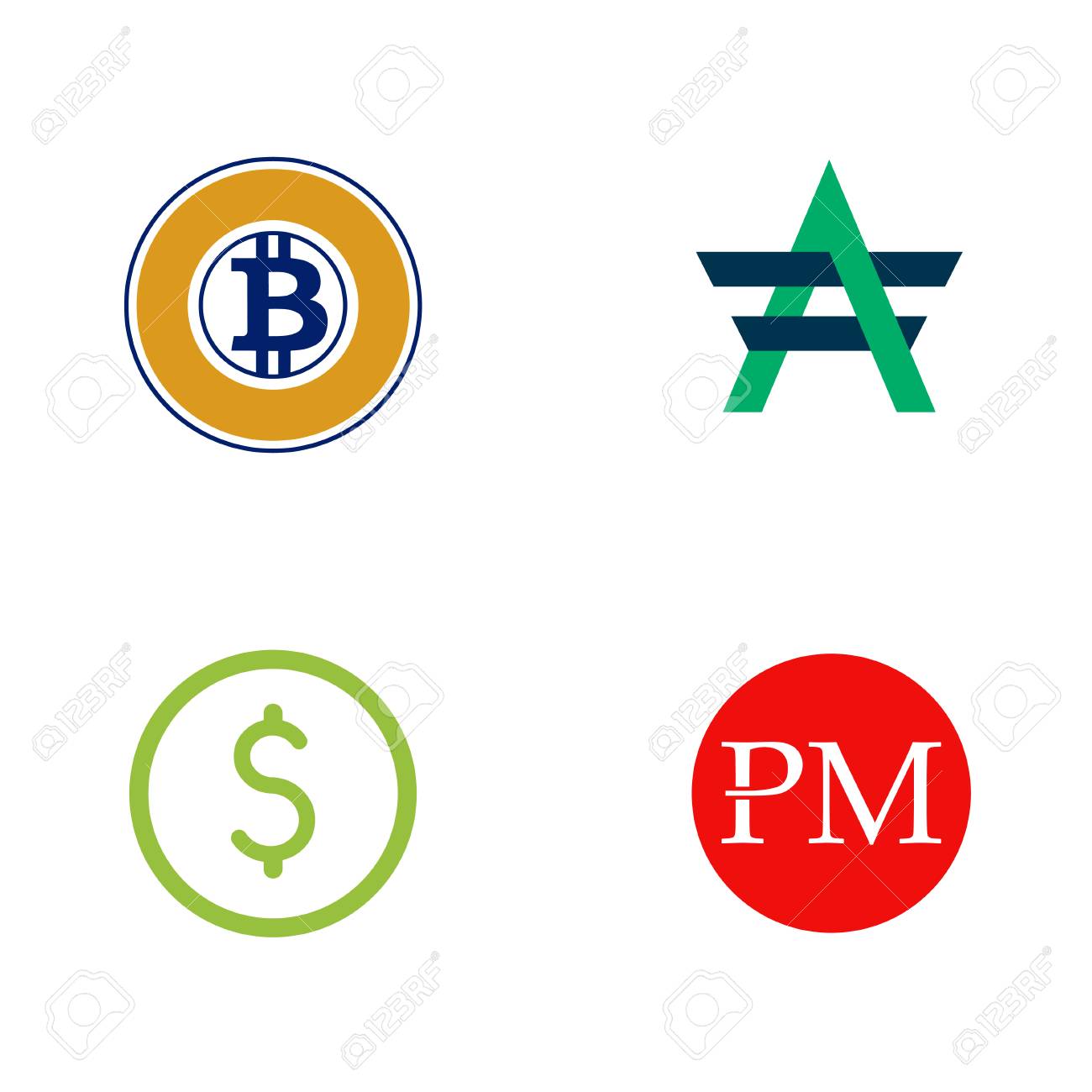 デジタル通貨のロゴセット - ドル、ビットコインゴールド、アドバンス、完璧なお金。暗号通貨。ベクトル。のイラスト素材・ベクター Image  91325083