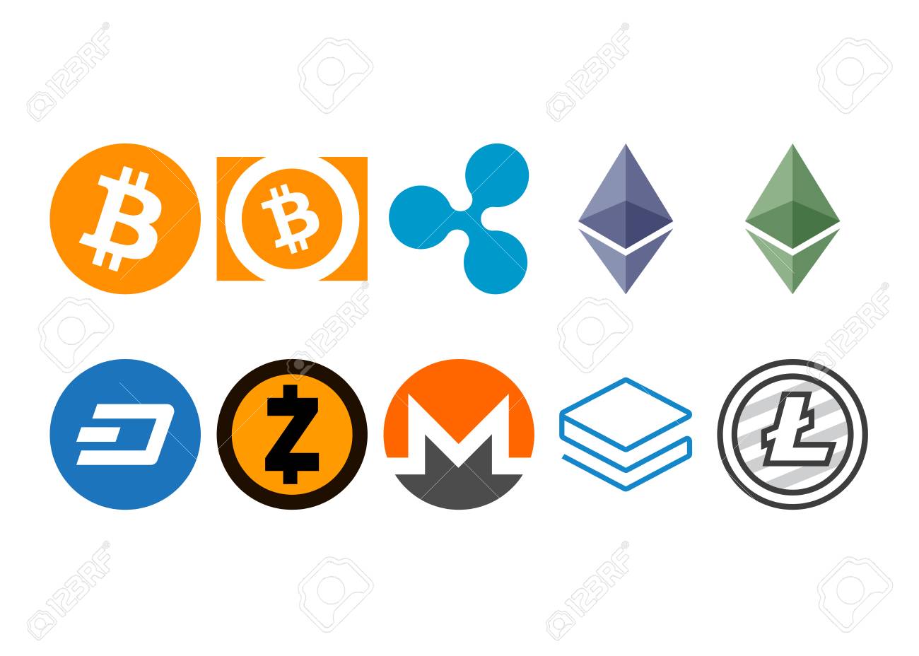 Cryptocurrency のロゴを設定 - Bitcoin、bitcoin 現金、litecoin、ethereum、ethereum  クラシック、monero、リップル、zcash、ダッシュ、stratisのイラスト素材・ベクター Image 91325335