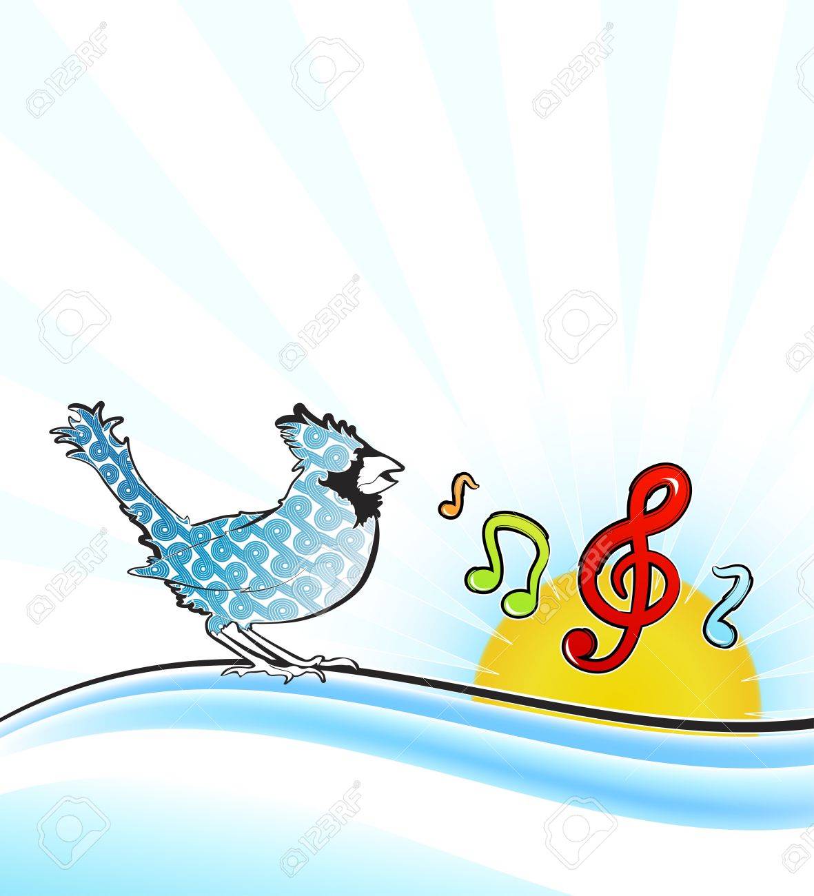 Illustration Dun Oiseau Qui Chante à Motifs Belle Tweeting Notes Musicales Sur Une Vague De Gradient De Décorer Une Conception De Fond Ensoleillées