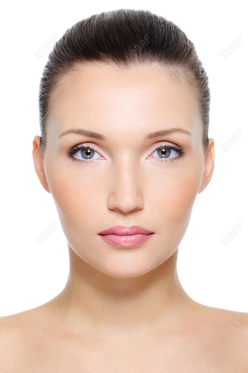 Close Up Front View Portrait Of A Beauty Young Female Face Over