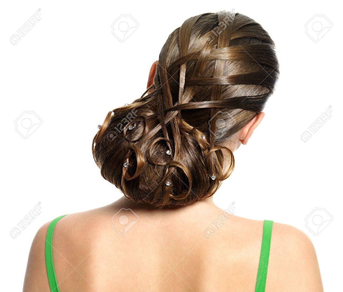 Rear View Of Modern Creative Hairstyle Isolated On White Stock