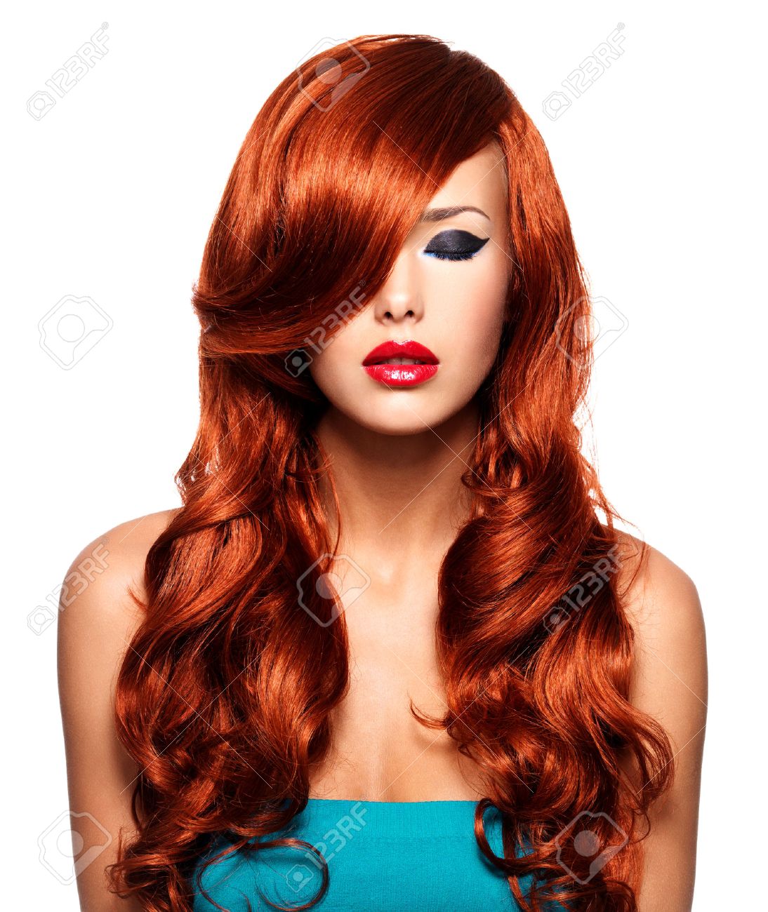Portrait of beautiful woman with long red hairs and red lips. Calm face of adult pretty girl, isolated on white. - 54383348 Portrait of beautiful woman with long red hairs and red lips. Calm face of adult pretty girl, isolated on white. - 54383348