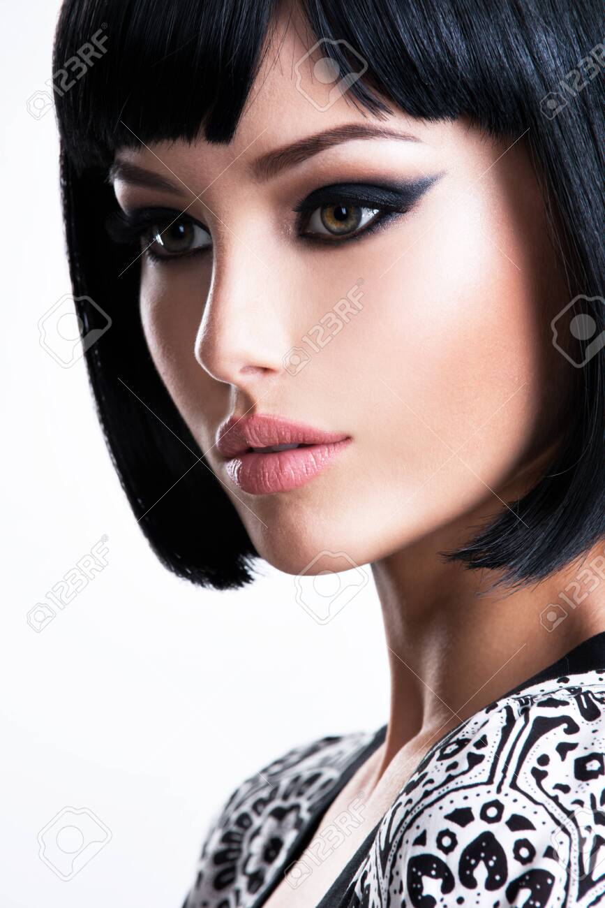 Beautiful Brunette Woman With Short Hairstyle Closeup Portrait