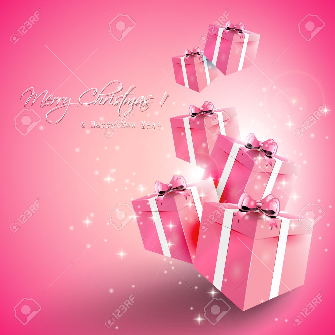 modern pink christmas greeting card with gift boxes on the bright pink christmas card