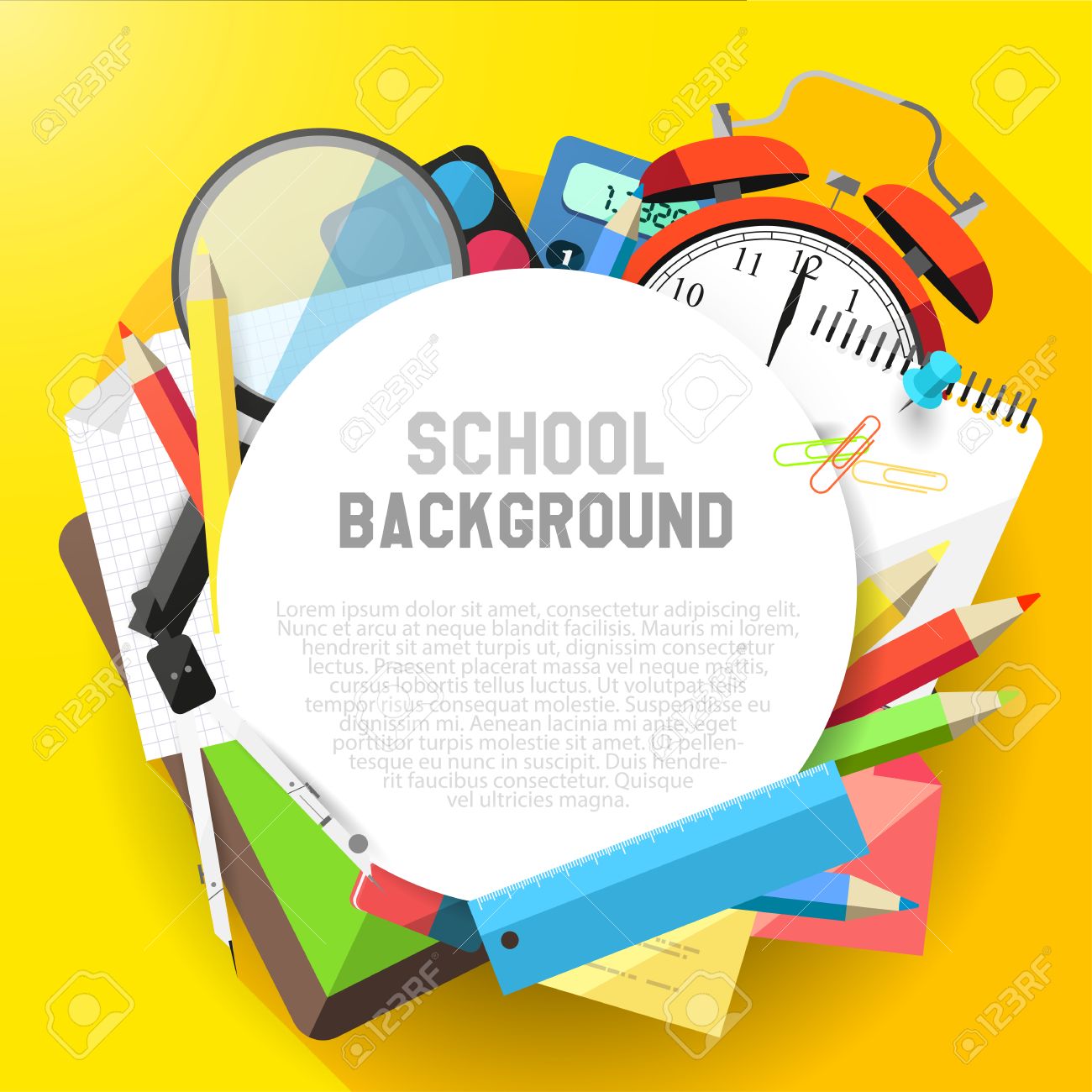 school flat design background with school supplies and copyspace school background design