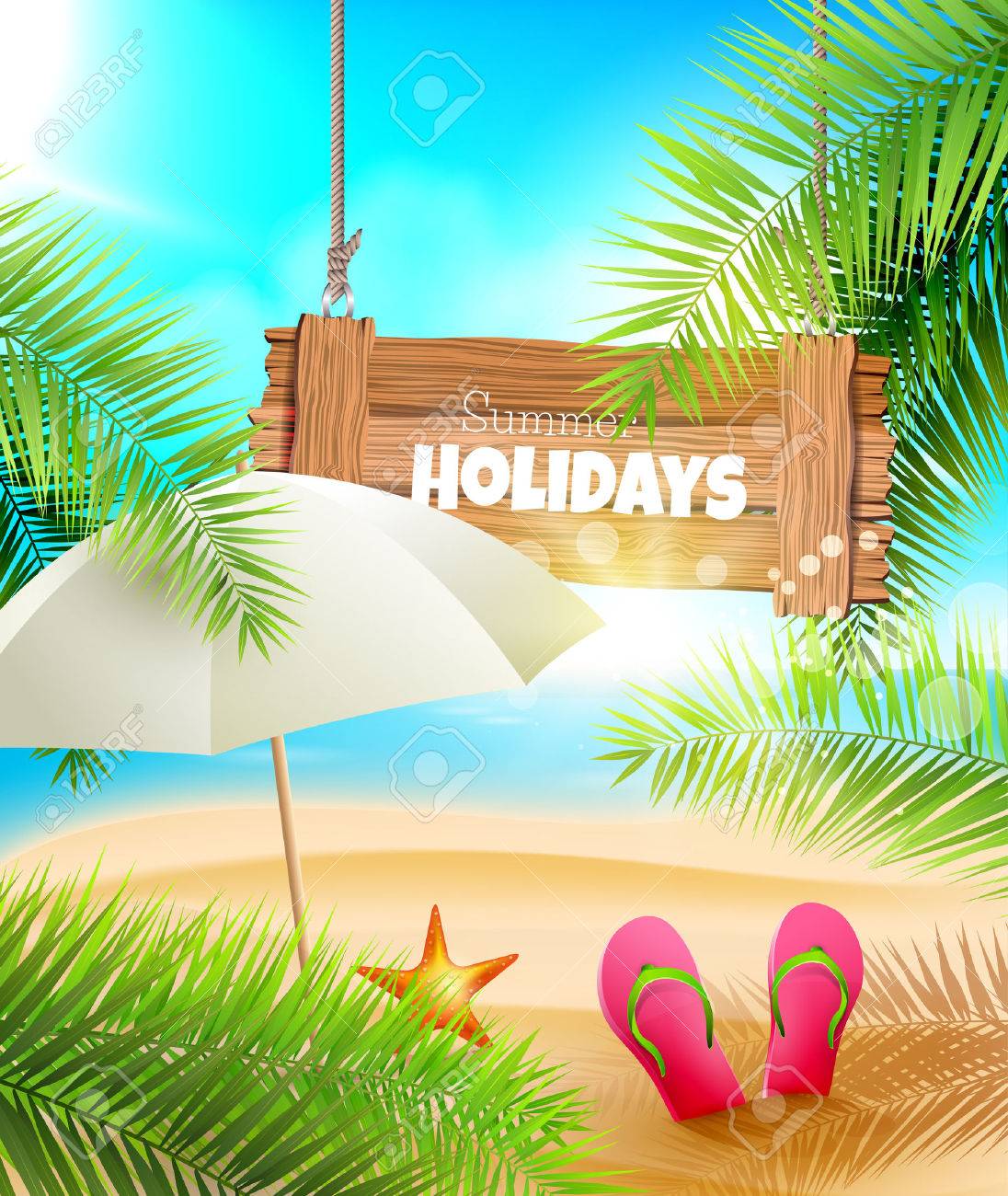 Seaside View On Beautiful Sunny Beach With Palm Leaves Wooden