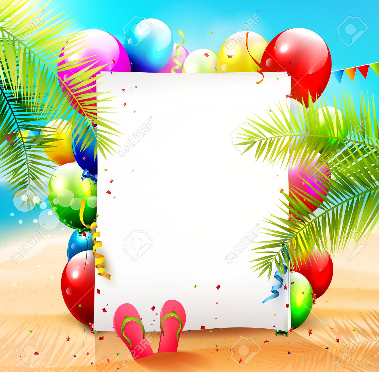 summer beach party background with empty paper and colorful balloons