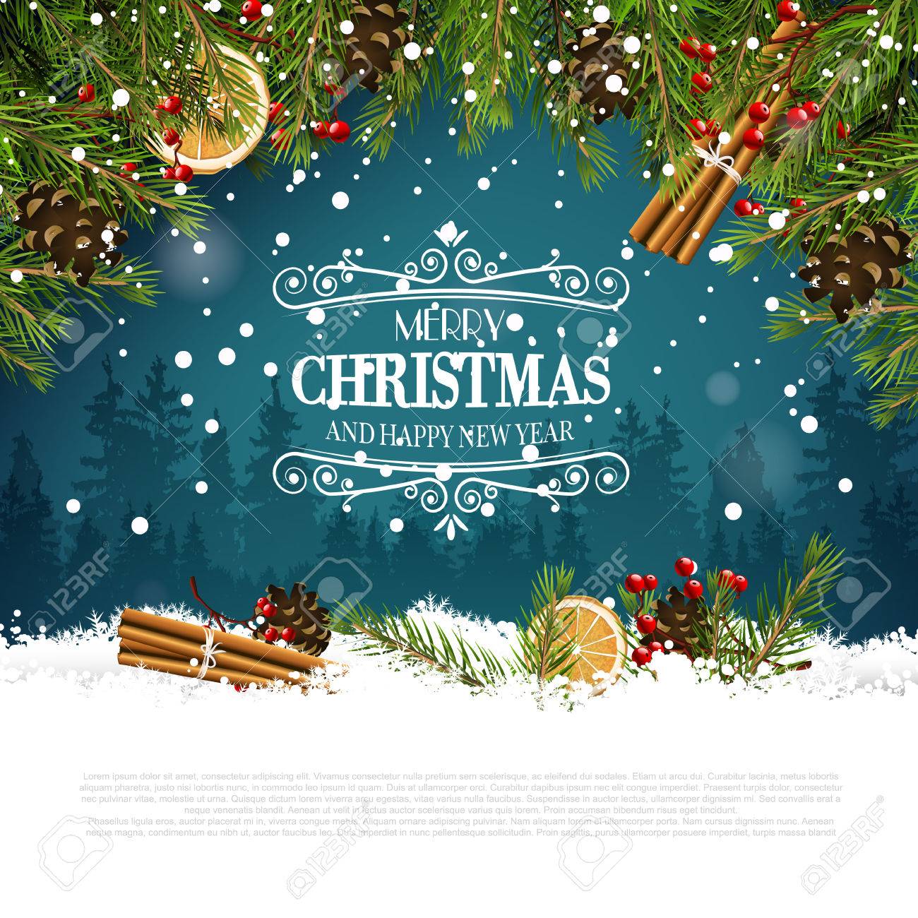 Christmas greeting card with traditional decorations and calligraphic lettering - 48786758 Christmas greeting card with traditional decorations and calligraphic lettering - 48786758