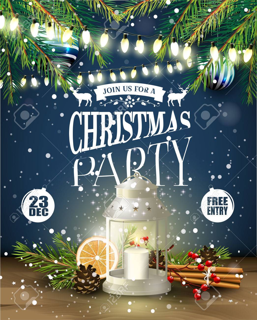 christmas party flyer with lantern and traditional decorations flyer decorations