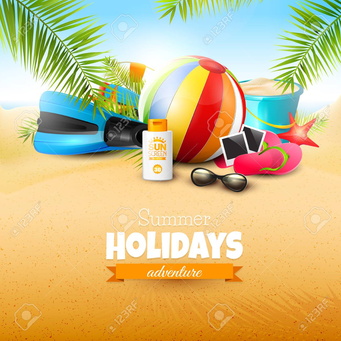 seaside view on beautiful sunny beach with palm leaves beach beach ball flyer