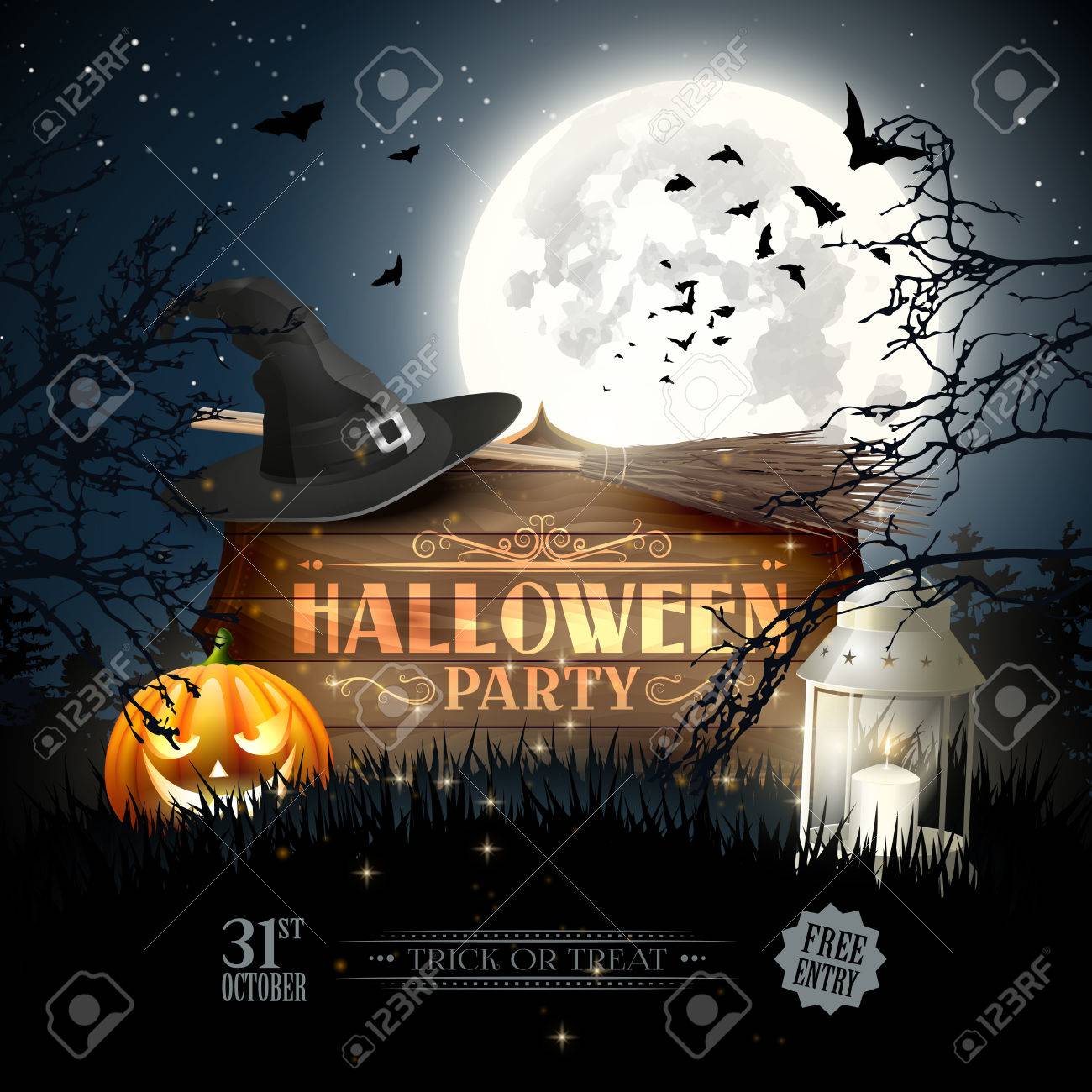 halloween party flyer with wooden sign lantern and old hat in hat party flyer