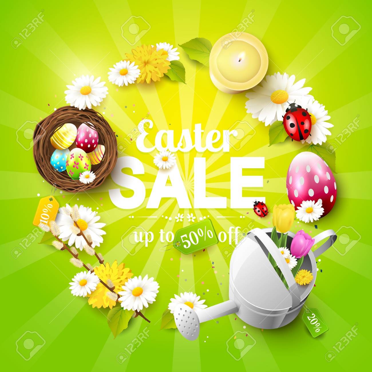 easter sale flyer with flowers easter eggs and watering can