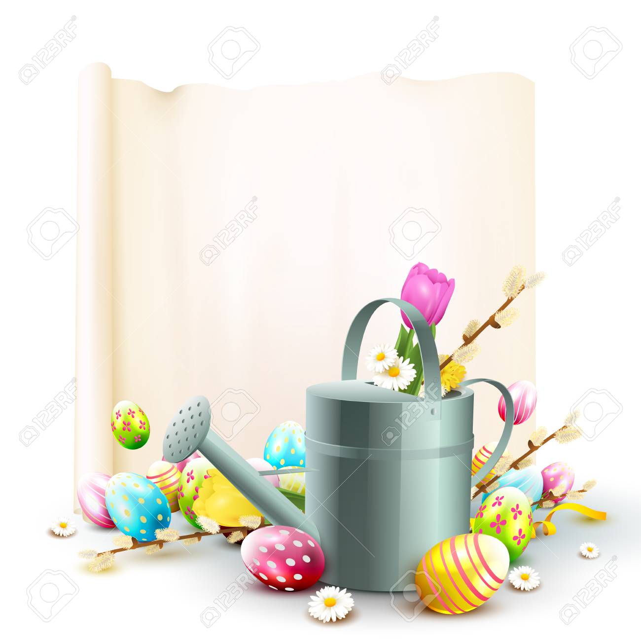 cute easter template with flowers easter eggs ladybug and watering