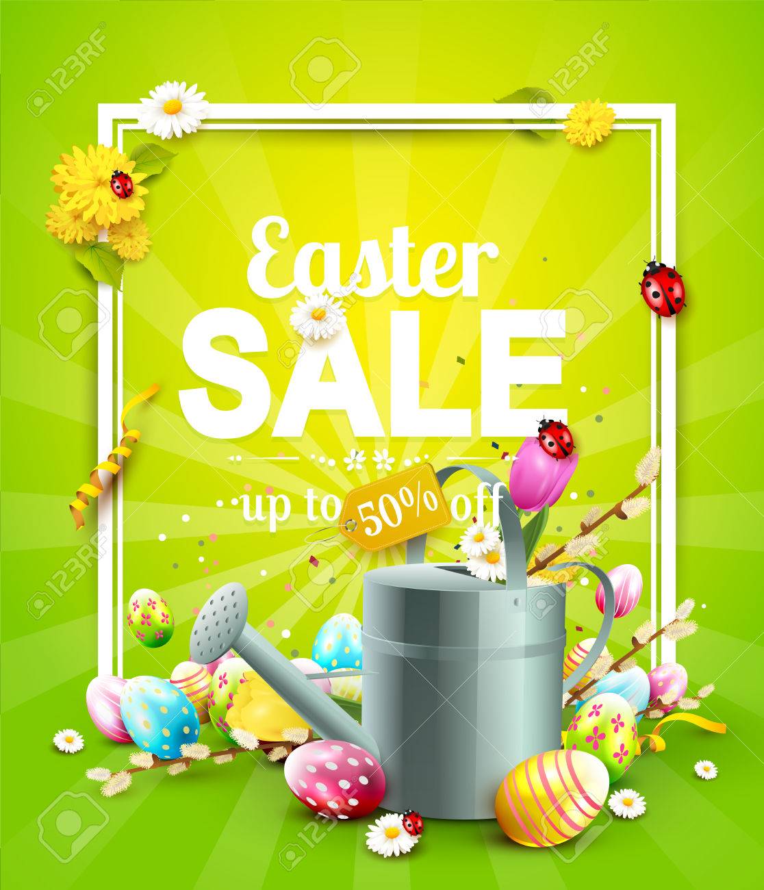 easter sale flyer with flowers easter eggs and watering can
