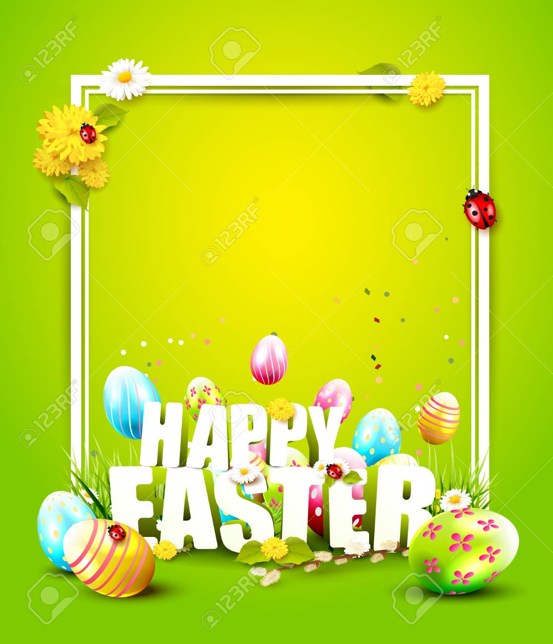 cute easter template with flowers easter eggs ladybug and watering