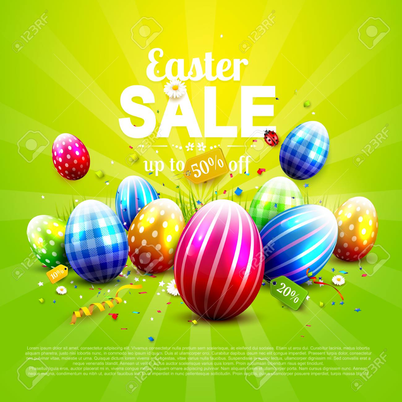 luxury easter sale flyer with colorful eggs on green background