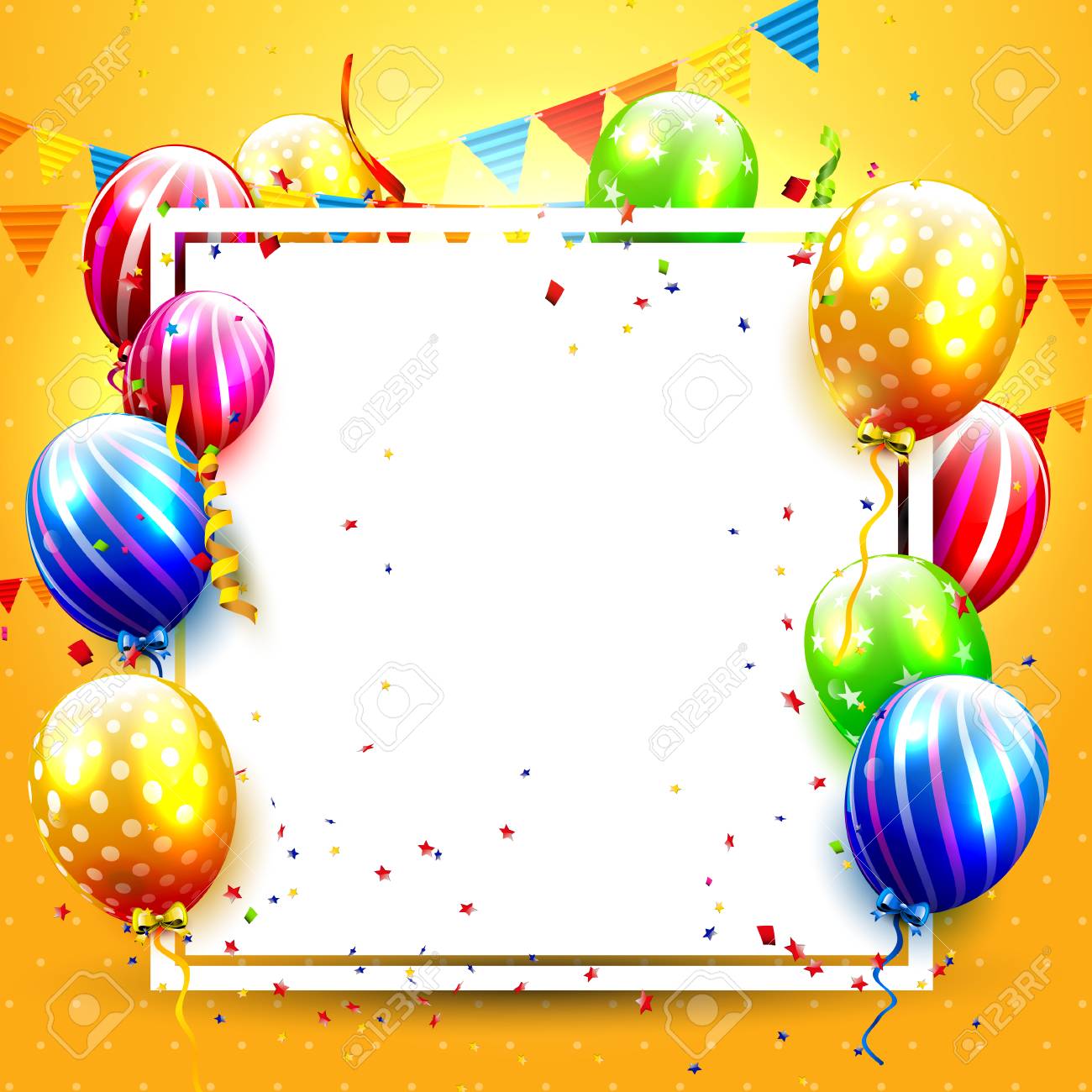 luxury party balloons and confetti on orange background party background for birthday invitation