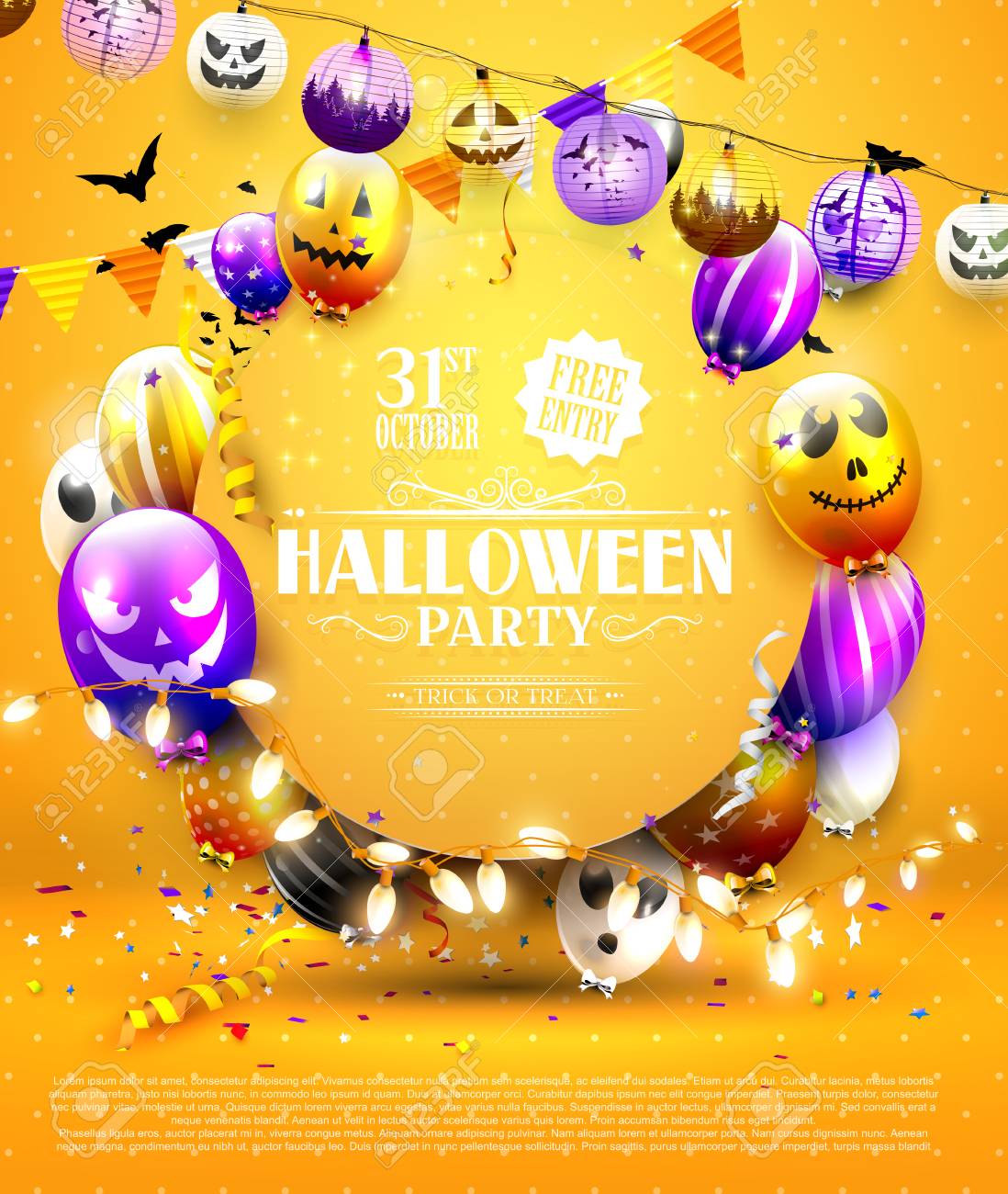 halloween party template with colorful balloons with scary faces