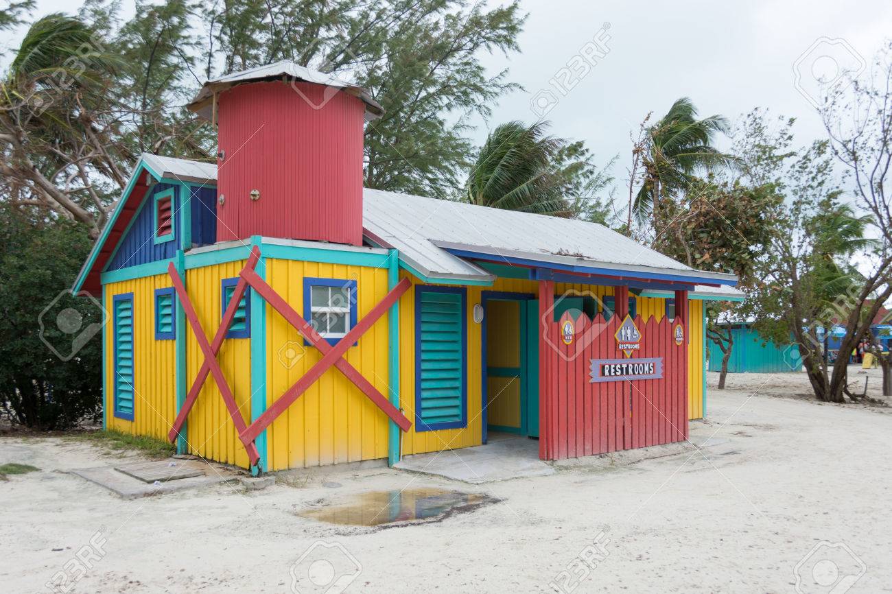 COCO CAY, BAHAMAS - OCT 16, 2016: Colorful And Fun Restrooms Water Closet  Showers Cabins On The Caribbean Beach Stock Photo, Picture and Royalty Free  Image. Image 65762702., image size:1300x866