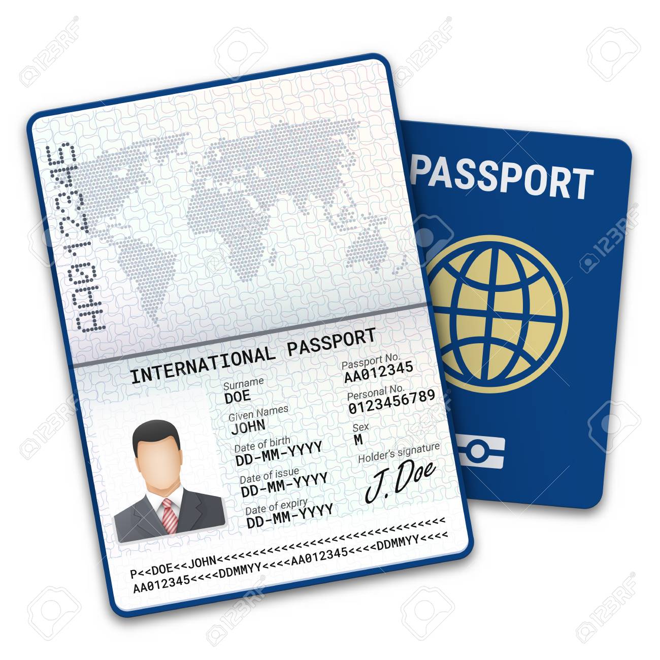 International male passport template with biometric data identification and sample of photo, signature and other personal data. Vector illustration - 96844540 International male passport template with biometric data identification and sample of photo, signature and other personal data. Vector illustration - 96844540