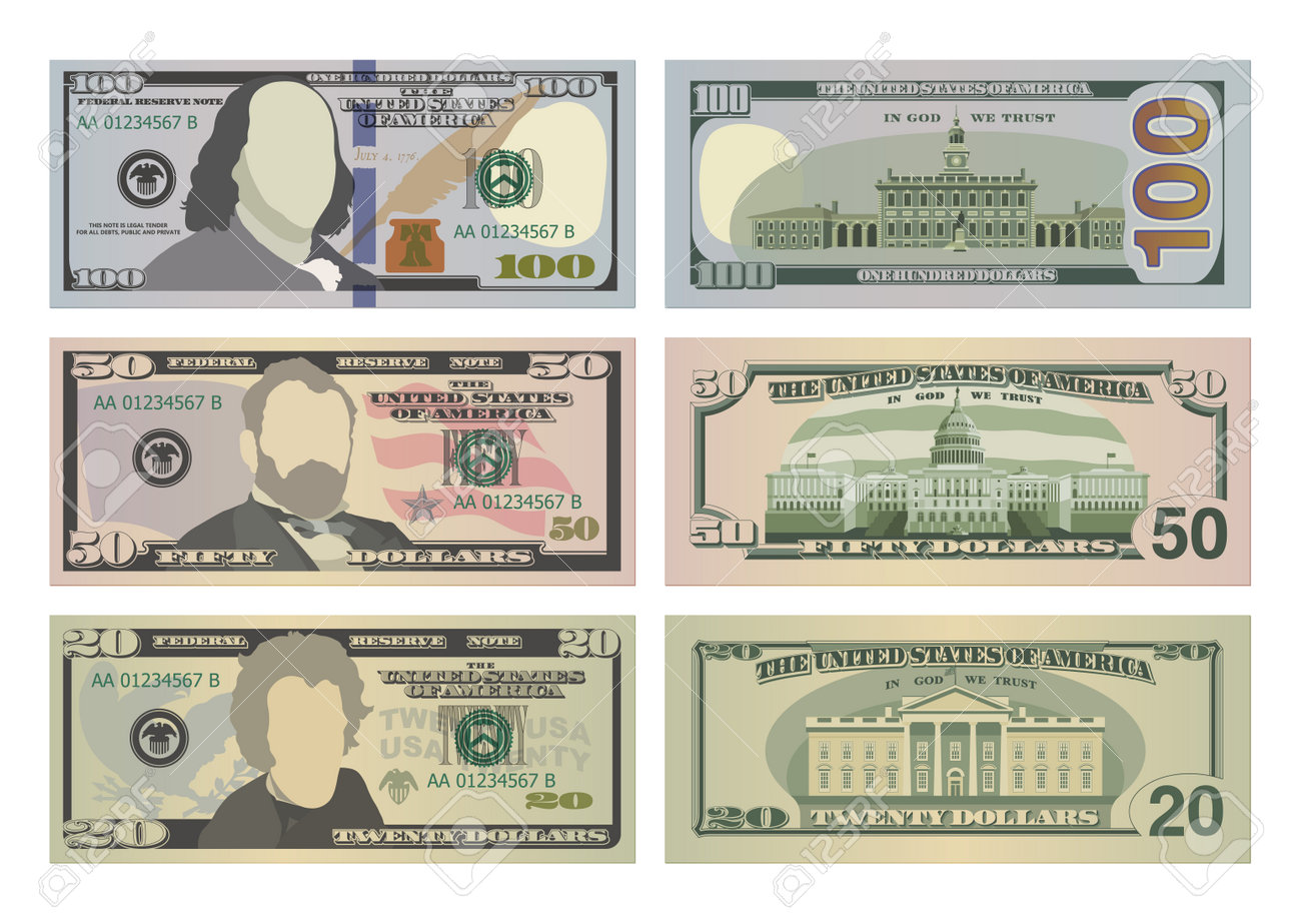 새로운 디자인의 100달러, 50달러, 20달러 지폐 세트. 100달러, 50달러, 20달러 지폐 앞면과 뒷면. 화이트 절연 Usd의  벡터 일러스트 레이 션 로열티 무료 사진, 그림, 이미지 그리고 스톡포토그래피. Image 165923045
