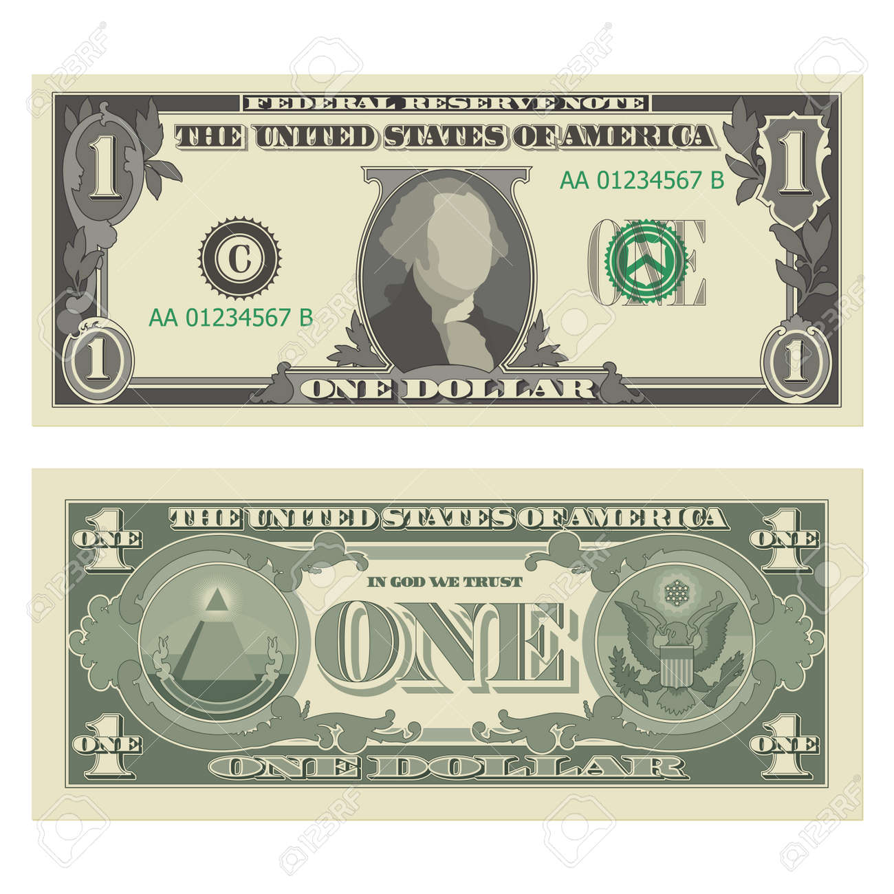 表と裏から1ドル札、1米ドル紙幣。白い背景で隔離のUSDの簡略化されたベクトル図のイラスト素材・ベクター Image 177757929