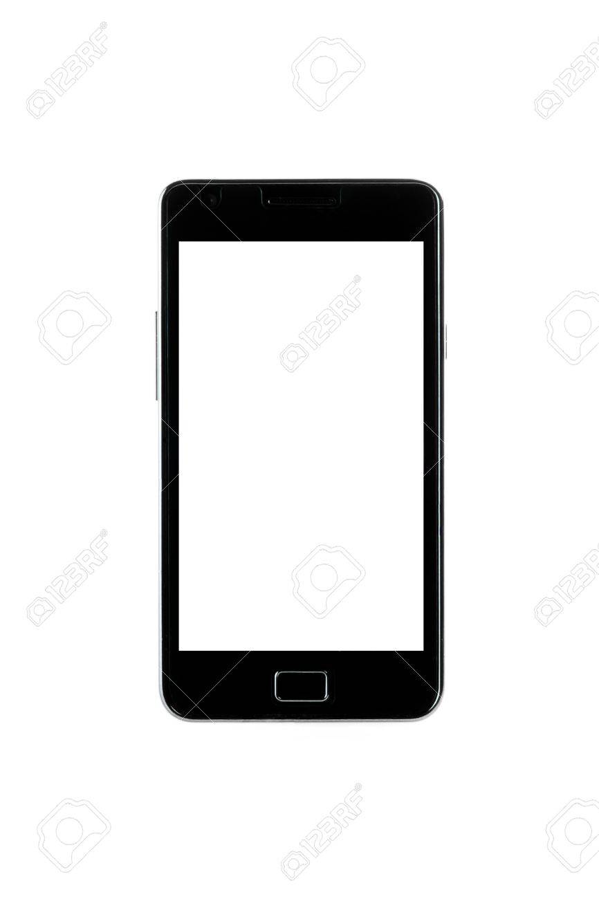 白い画面ギャラクシー スタイルと白い背景上のテキストのためのスペースの黒いスマート フォン の写真素材 画像素材 Image