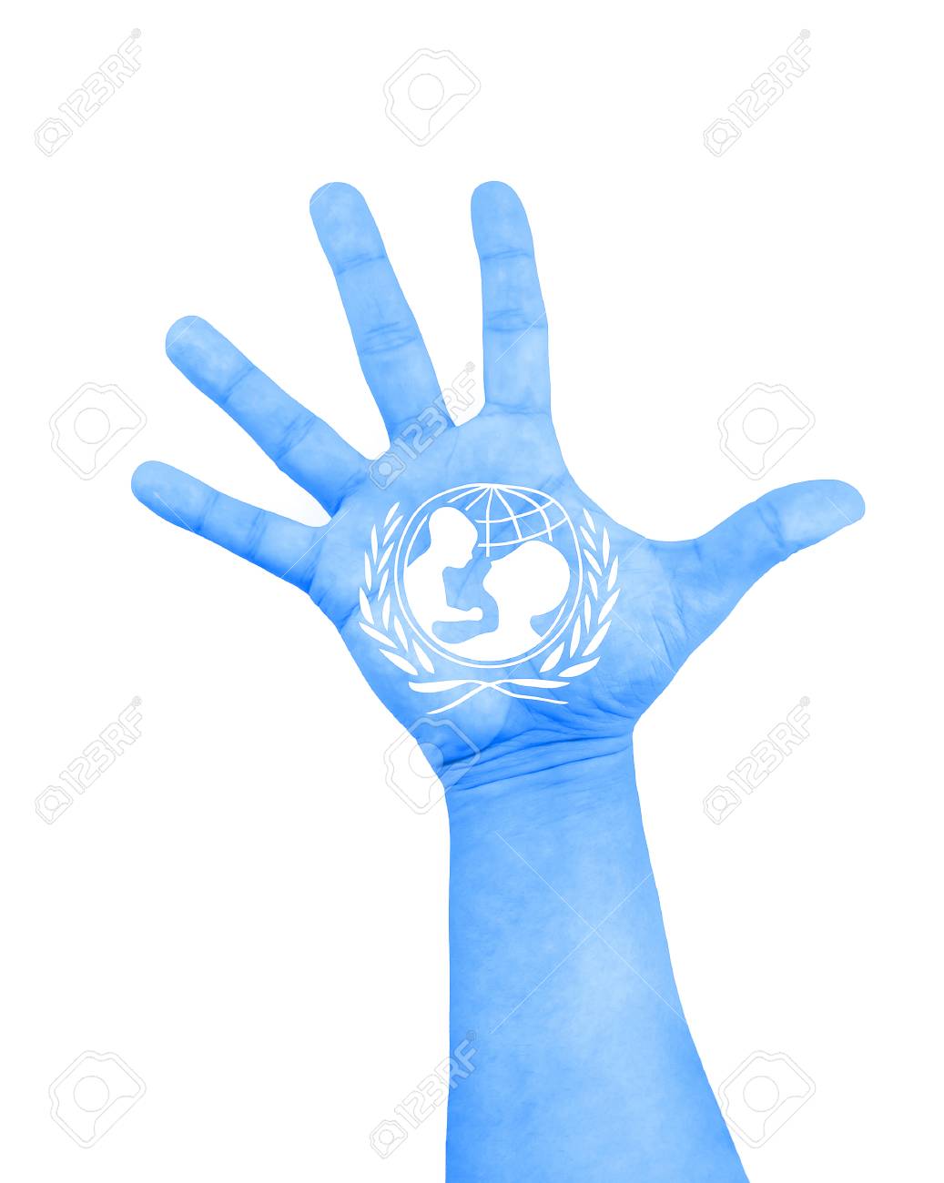 ROME, Italy - December 9, 2015: open hand raised with color blue and white of flag of unicef painted on white background - 68045075 ROME, Italy - December 9, 2015: open hand raised with color blue and white of flag of unicef painted on white background - 68045075
