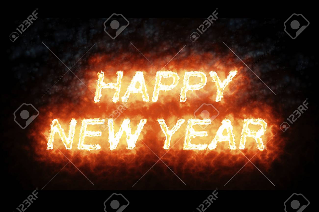 Queima Feliz Ano Novo Fogo Palavra Texto Com Chama E Fumaça No Fogo Em Fundo Preto Com Canal Alfa, 2018, 2019, 2020, 2021, 2022, Conceito De Férias Feliz Ano Novo Evento Fotos,
