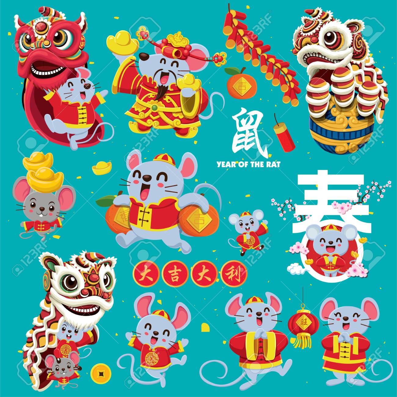 Vintage Chinese new year poster design set. Chinese text translation: Welcome new year spring, wishing you prosperity and wealth, welcome god of wealth, small word good fortune, rat, auspicious. - 139104192 Vintage Chinese new year poster design set. Chinese text translation: Welcome new year spring, wishing you prosperity and wealth, welcome god of wealth, small word good fortune, rat, auspicious. - 139104192