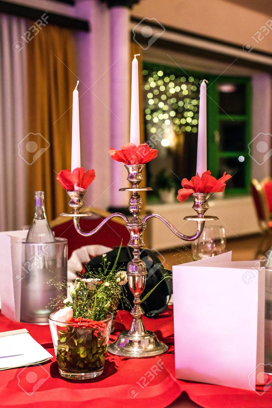 Banquet With Red Table Setting Tablecloth White Dishes Silver ... Banquet With Red Table Setting Tablecloth White Dishes Silver ...