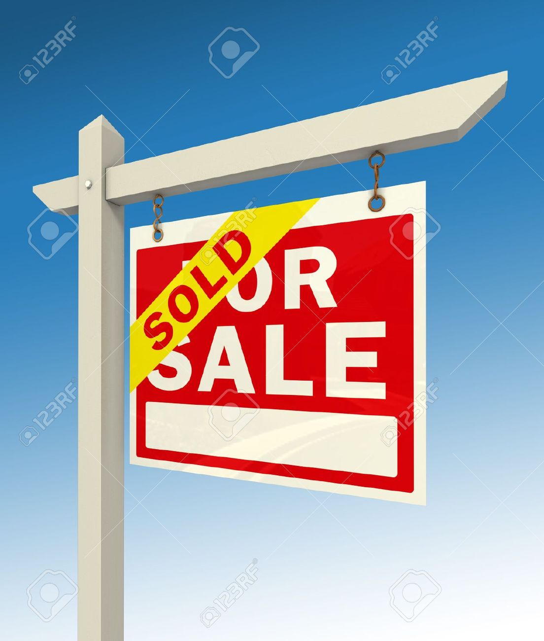 real estate for sale red sign and word sold on blue background for sale sign sold