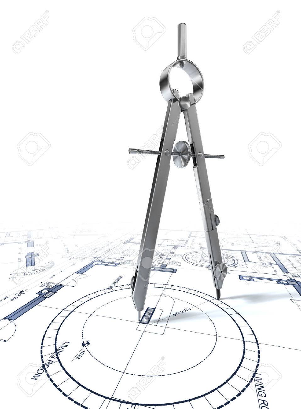Compass Drawing Circle On Architectural Plan On Parer Stock Photo