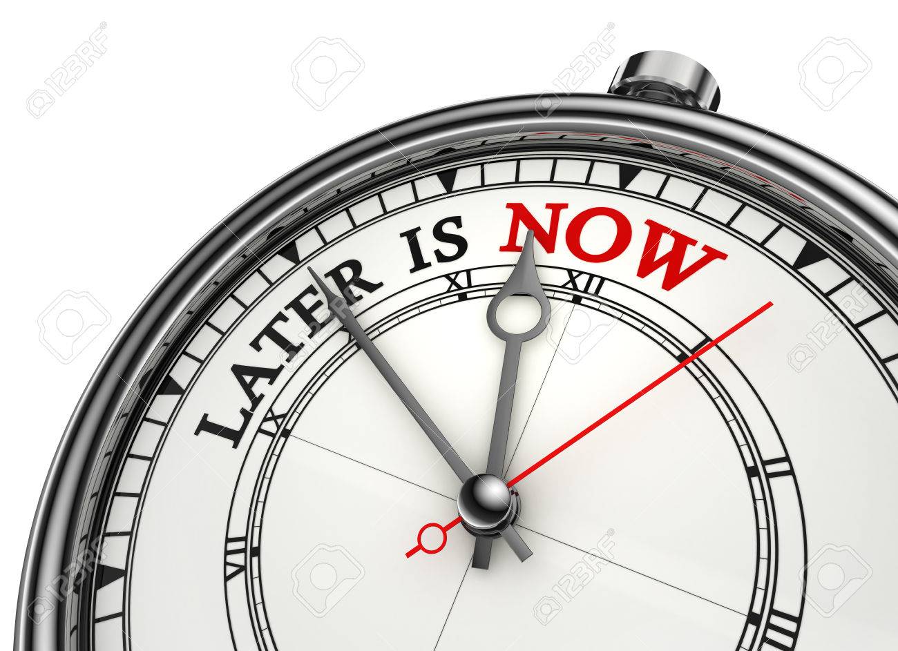 Plus Tard, Est Maintenant L'horloge Conceptuelle, Isolé Sur Fond Blanc Banque D'Images Et Photos Libres De Droits. Image 47422203.