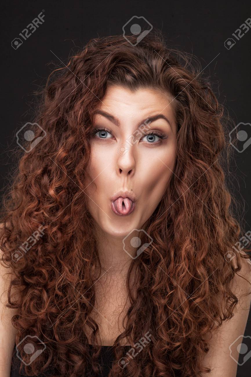 Emotional Portrait Of Woman With Healthy Brown Curly Hair Isolated