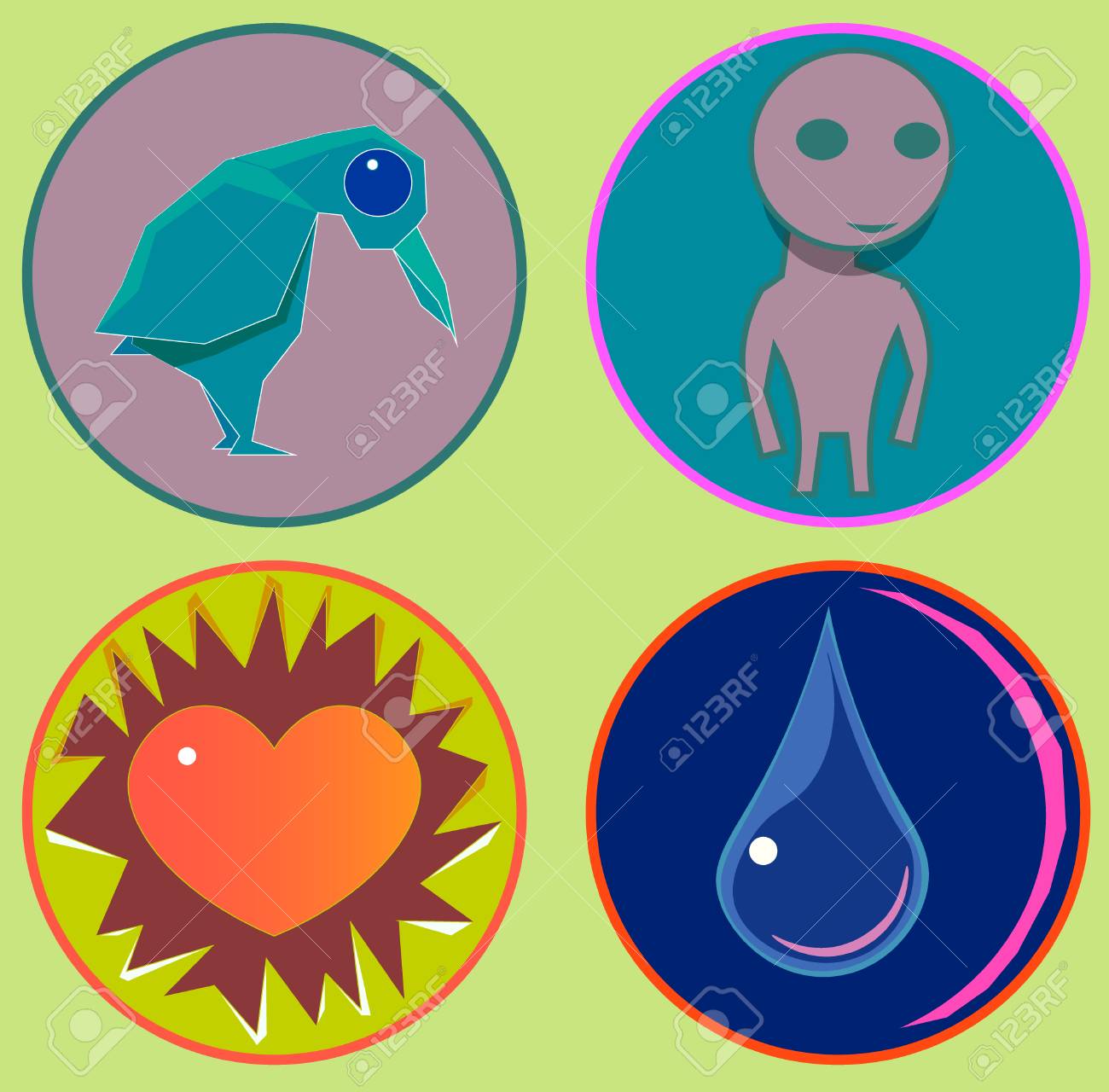 Vettoriale Immagine Di Diversi Oggetti Tra Questi C E Un Uccello Una Figura Umana Un Cuore E Una Goccia Image