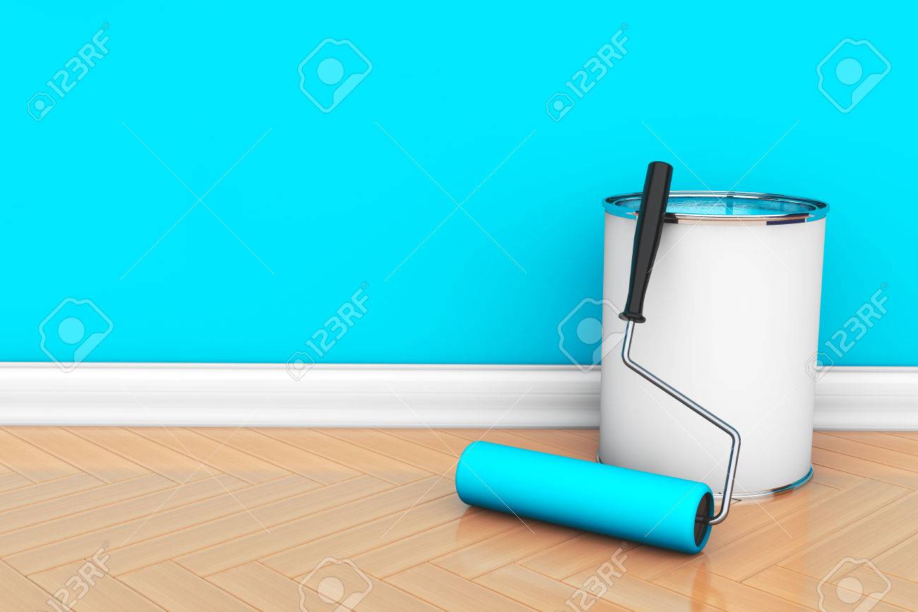 Pittura di pareti in un colore blu. la vernice può con pennello a ... Colore con la a