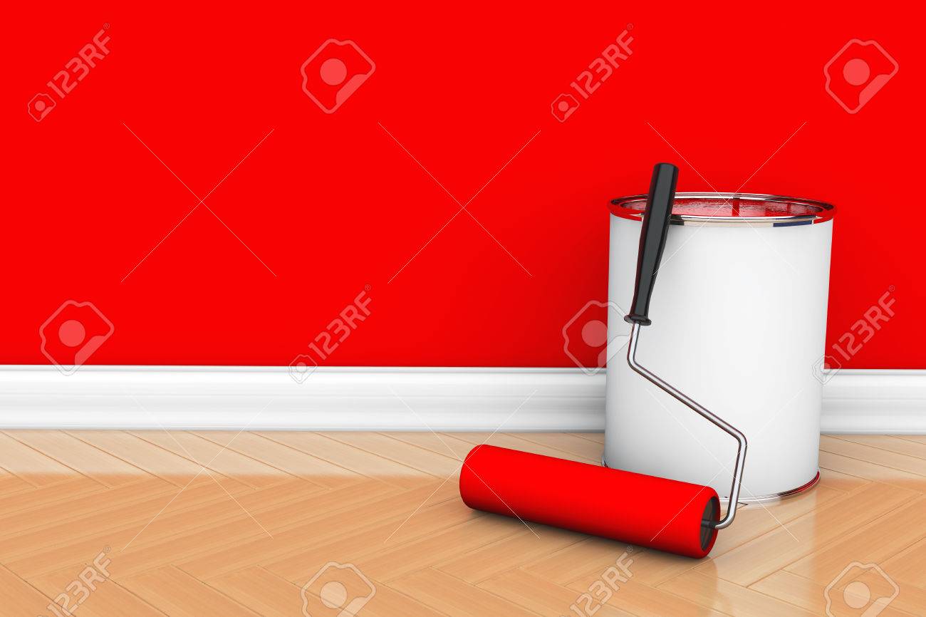 Pittura di pareti in un colore rosso. la vernice può con pennello ... Colore con la a