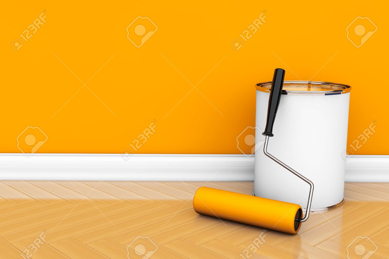 Pittura di pareti in un colore arancione. la vernice può con ... Colore con la a