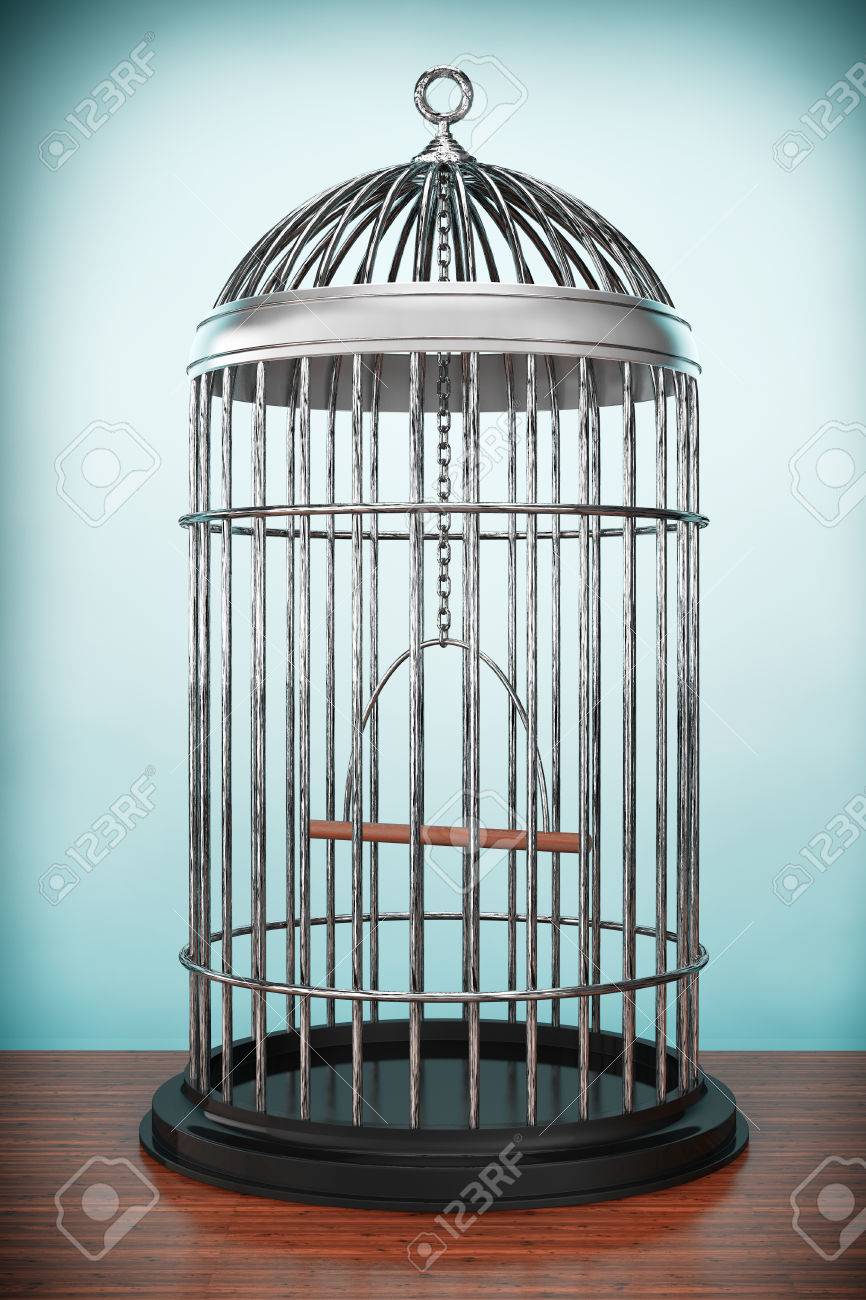 Old Style Photo Metal Bird Cage On The Table Stock Photo Picture