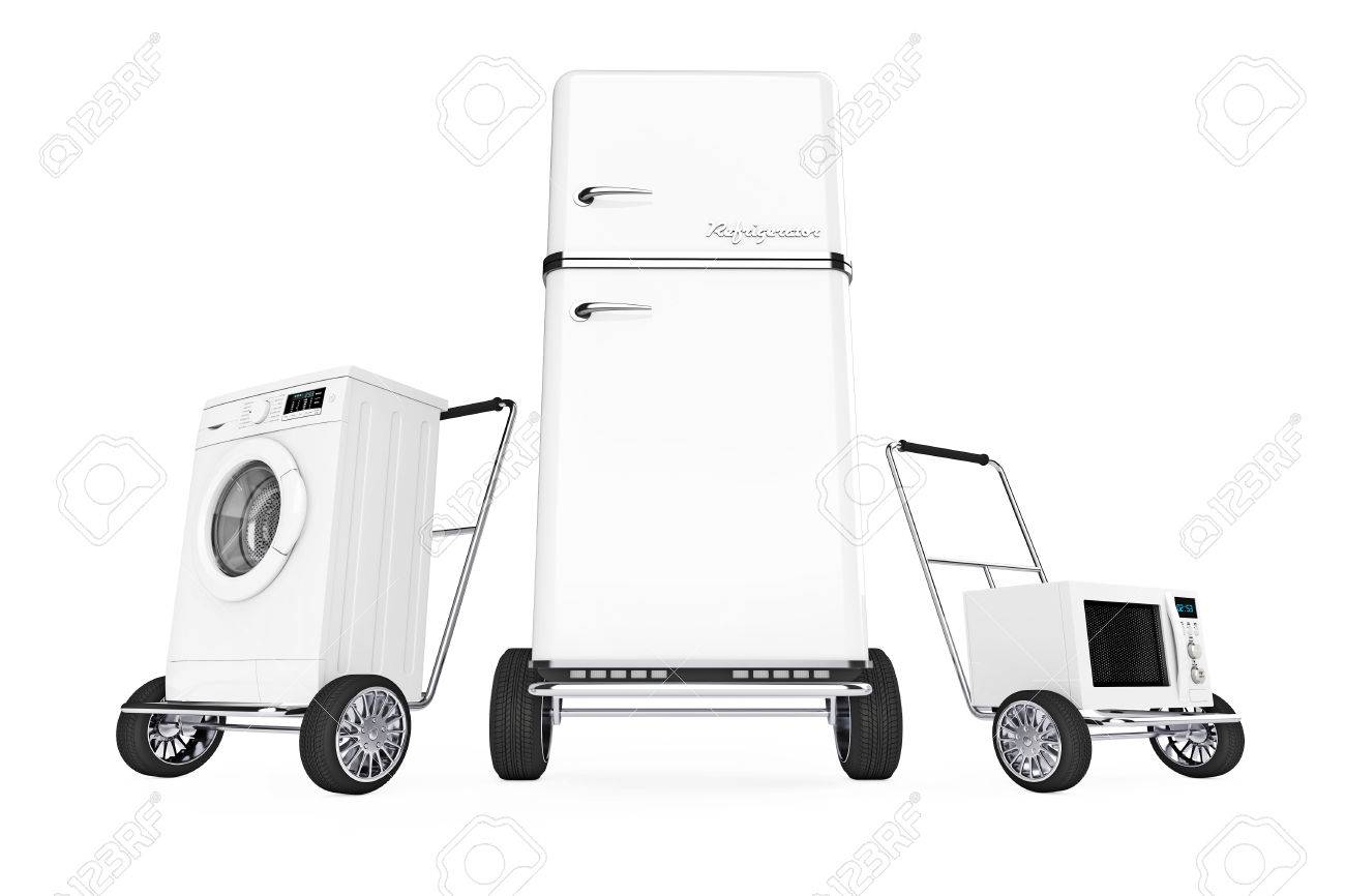 冷蔵庫 洗濯機 手押し車 白い背景の上に電子レンジ 3 D レンダリング の写真素材 画像素材 Image