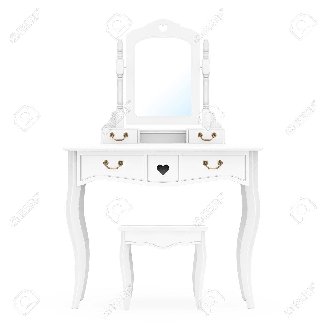 Antique Bedroom Vanity Table With Stool And Mirror On A White Stock Photo Antique Bedroom Vanity Table With Stool And Mirror On A White Stock Photo
