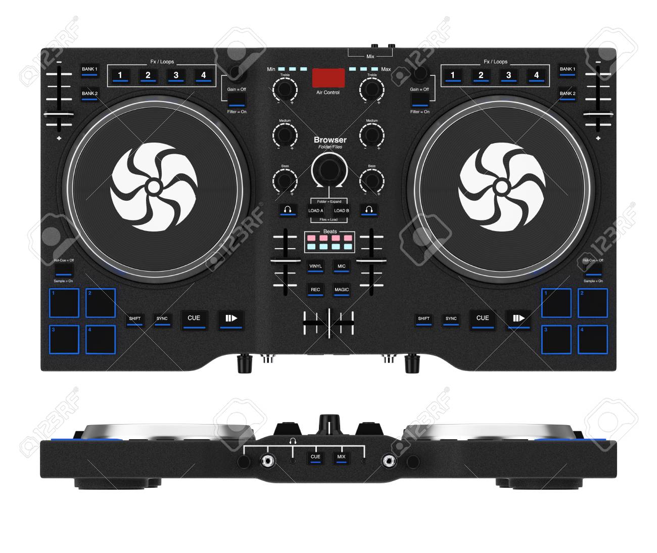 black modern dj set turntable mixer equipment on a white background