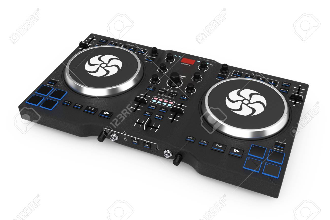 black modern dj set turntable mixer equipment on a white background