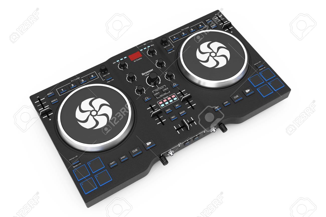 black modern dj set turntable mixer equipment on a white background