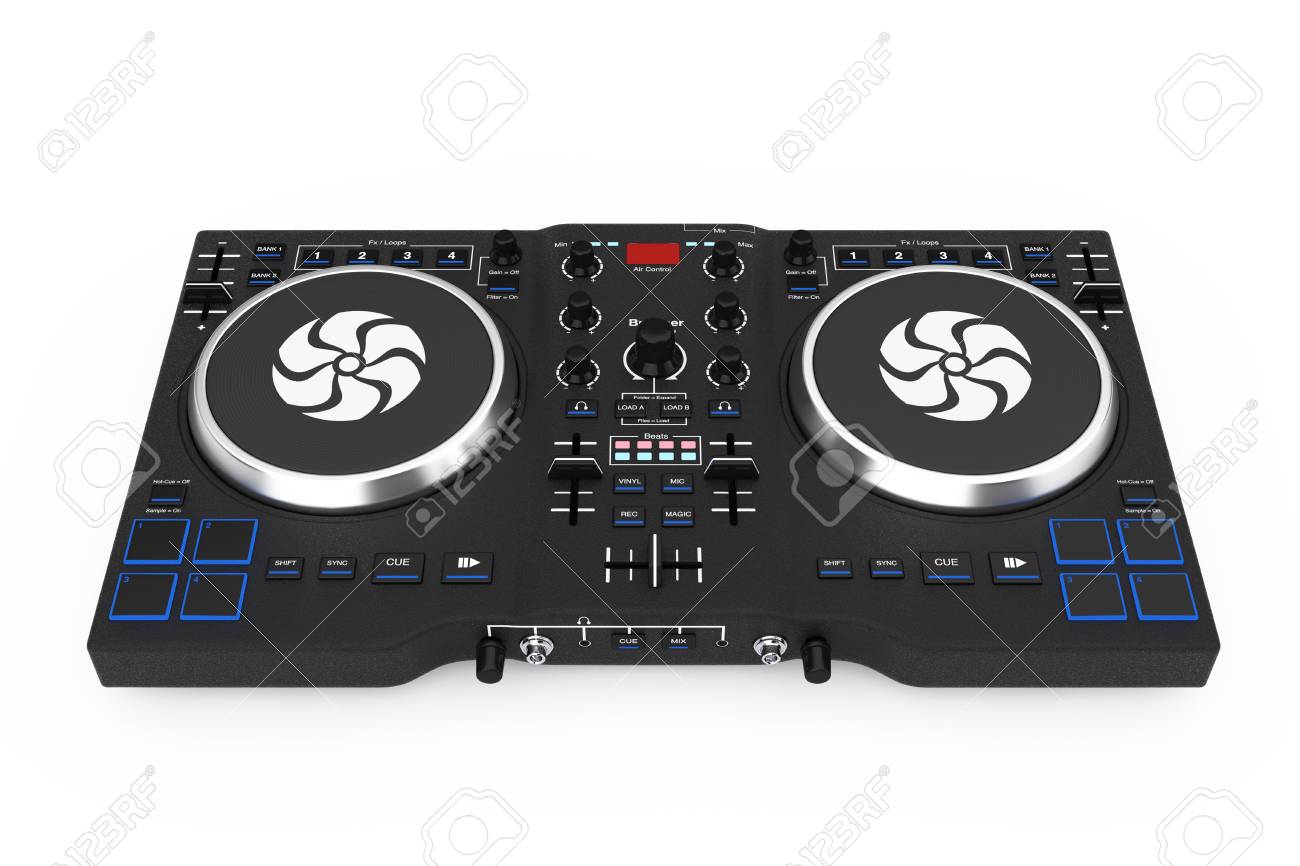 black modern dj set turntable mixer equipment on a white background