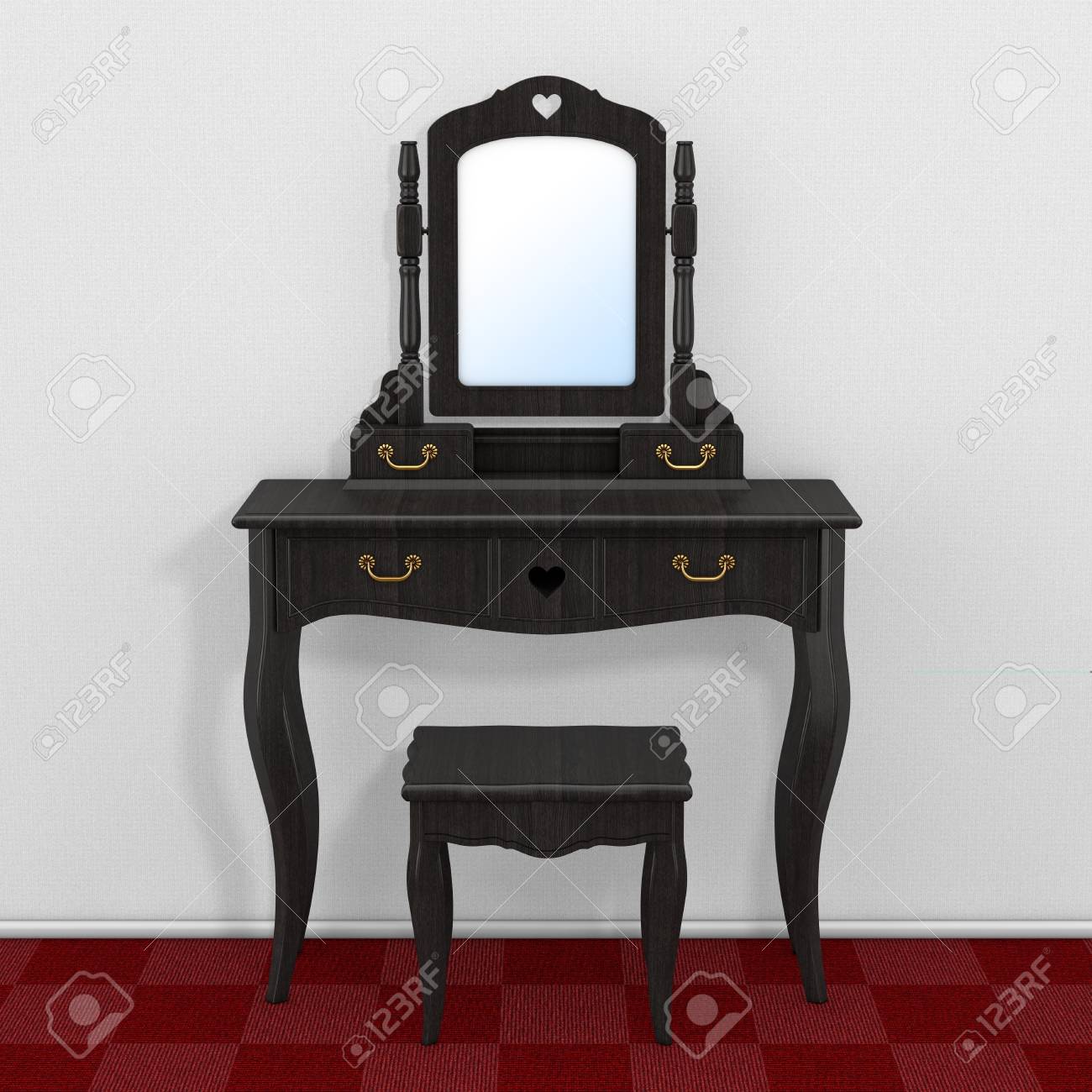 Antique Bedroom Vanity Table With Stool And Mirror In Room With Antique Bedroom Vanity Table with Stool and Mirror in Room with Red Carpet Floor and White - Antique Bedroom Vanity Table With Stool And Mirror In Room With