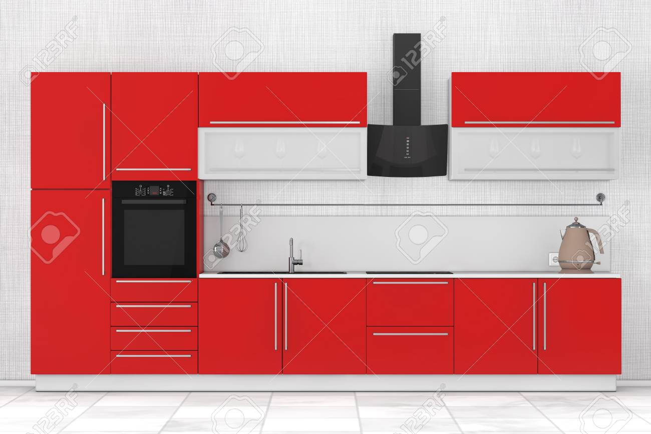 Modern Red Kitchen Furniture With Kitchenware On A White Background Stock Photo Picture And Royalty Free Image Image 92409950